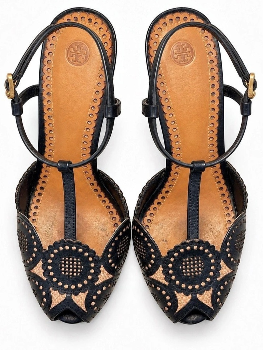 Tory Burch Leather Floral Heels 8.5M Floral Cutout T-Strap Heels Quiet Luxury